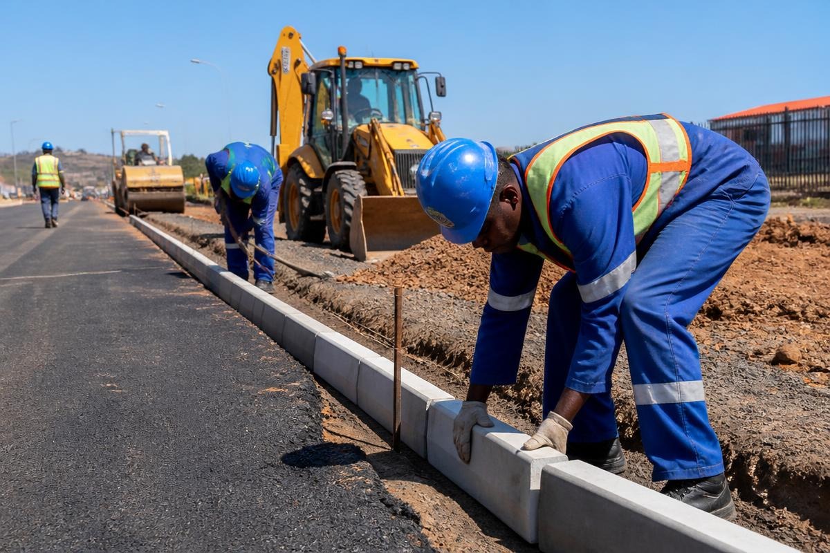 Concrete kerbing installed along a landscaped estate road
