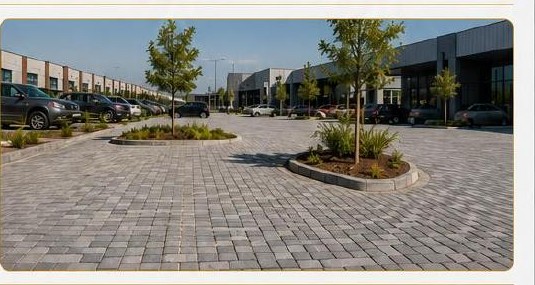 Paved parking area and walkway at a commercial development